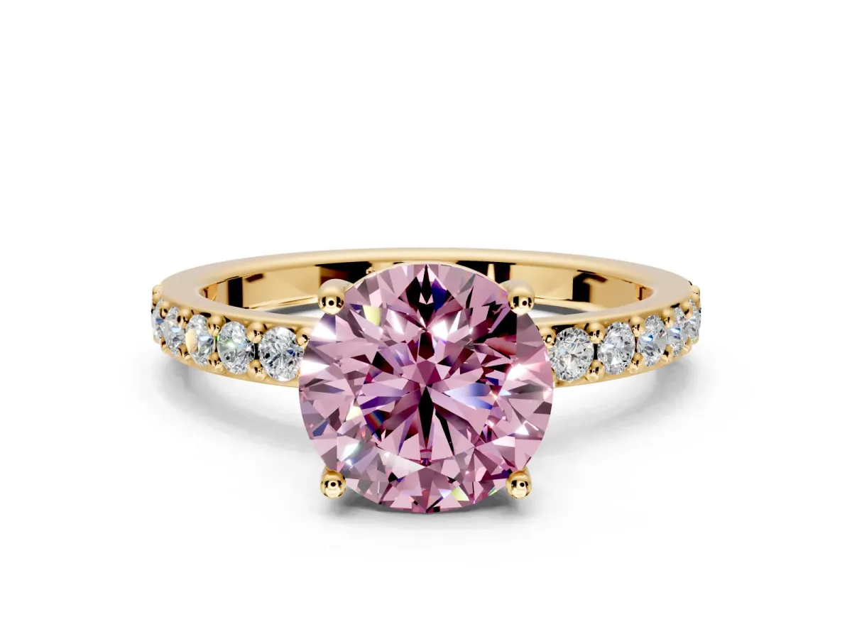 Solitaire Engagement Ring Setting for Fancy Pink Round Cut Center with Round Cut Pave Band and Prong Head in Yellow Gold