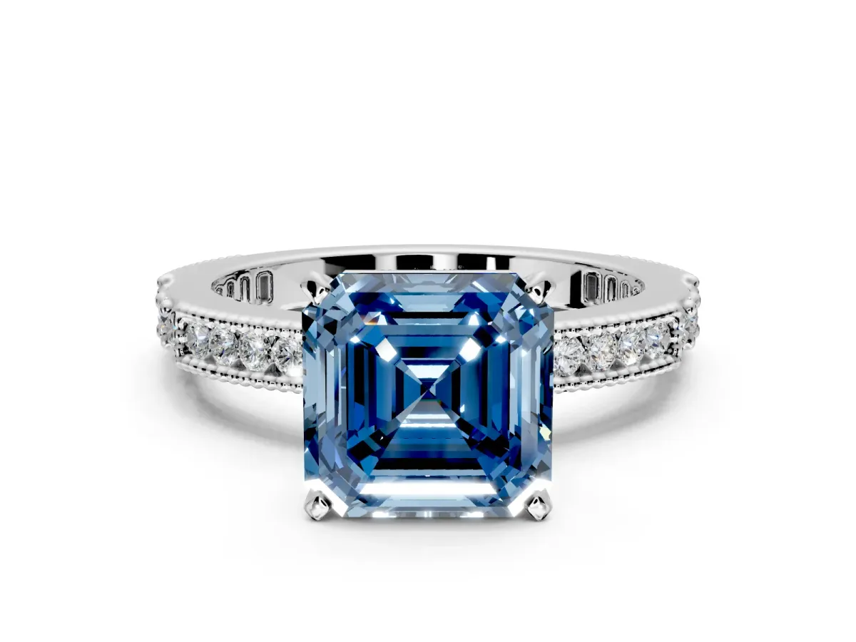 Solitaire Engagement Ring Setting for Fancy Blue Asscher Cut Center with Milgrain-Edged Pave Band and Prong Head in Sterling Silver