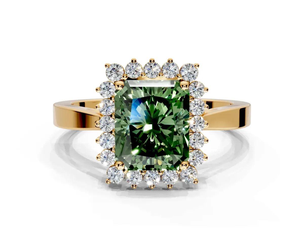 Starburst Halo Engagement Ring Setting for Fancy Green Radiant Cut Center with Flat Cathedral Band and Prong Head in Yellow Gold