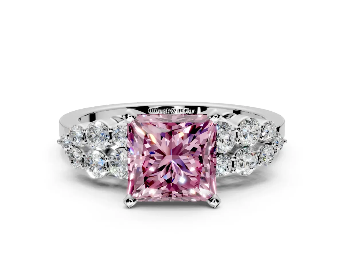 Cluster Engagement Ring Setting for Fancy Pink Princess Cut Center with 2-Row Shoulder Clusters and Prong Head in White Gold