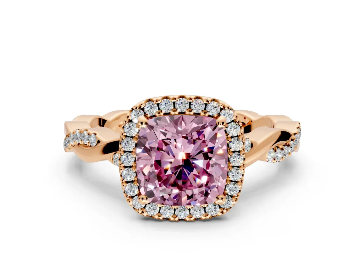 Halo Engagement Ring Setting for Fancy Pink Cushion Cut Center with Pave and Plain Twist Band and Prong Head in Rose Gold