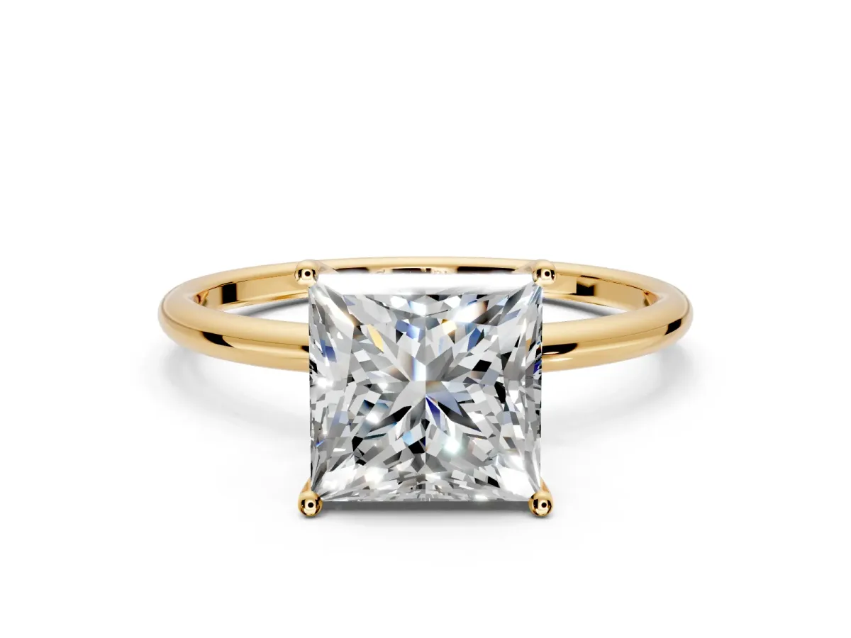 Solitaire Engagement Ring Setting for Princess Cut Center with Straight Thin Band and Prong Head in Yellow Gold