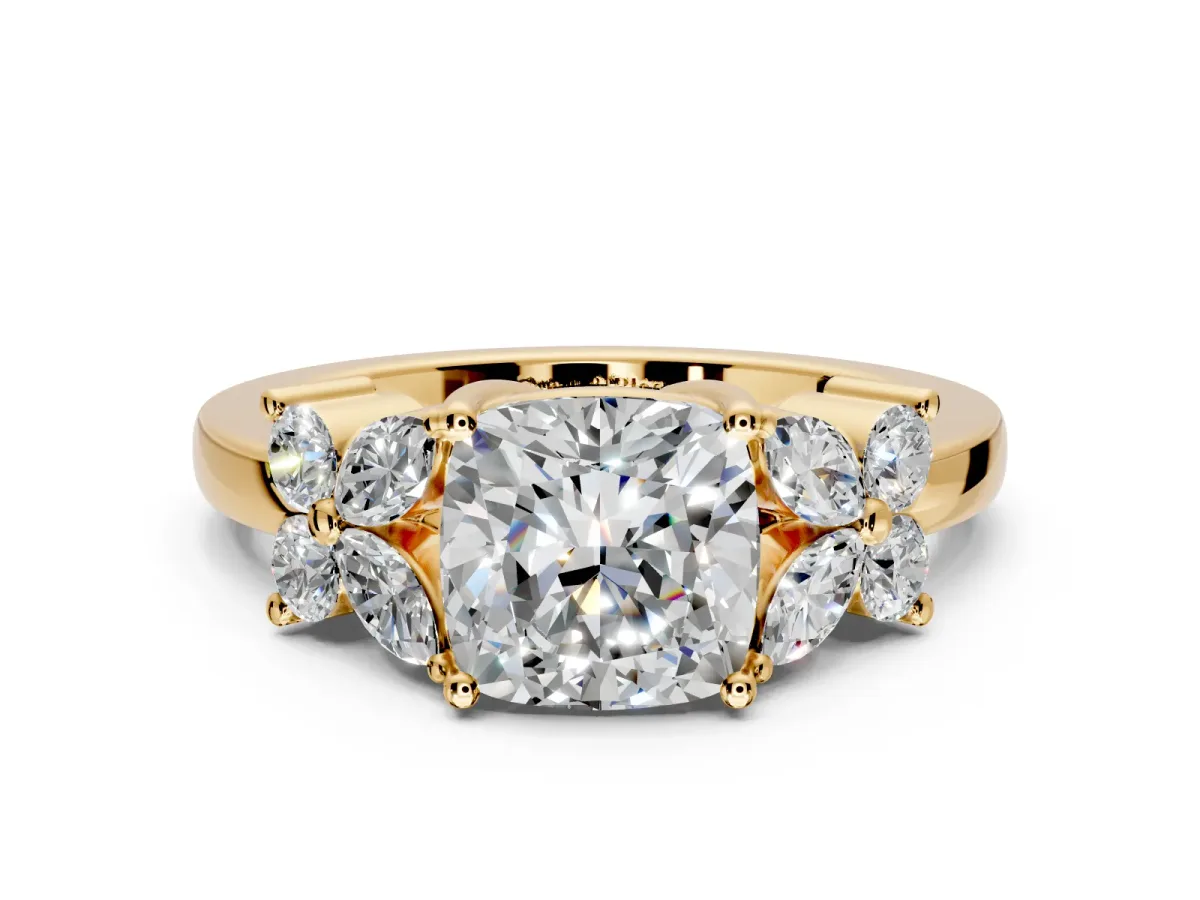 Floral Engagement Ring Setting for Cushion Cut Center with Marquise Cluster Shoulders and Prong Head in Yellow Gold