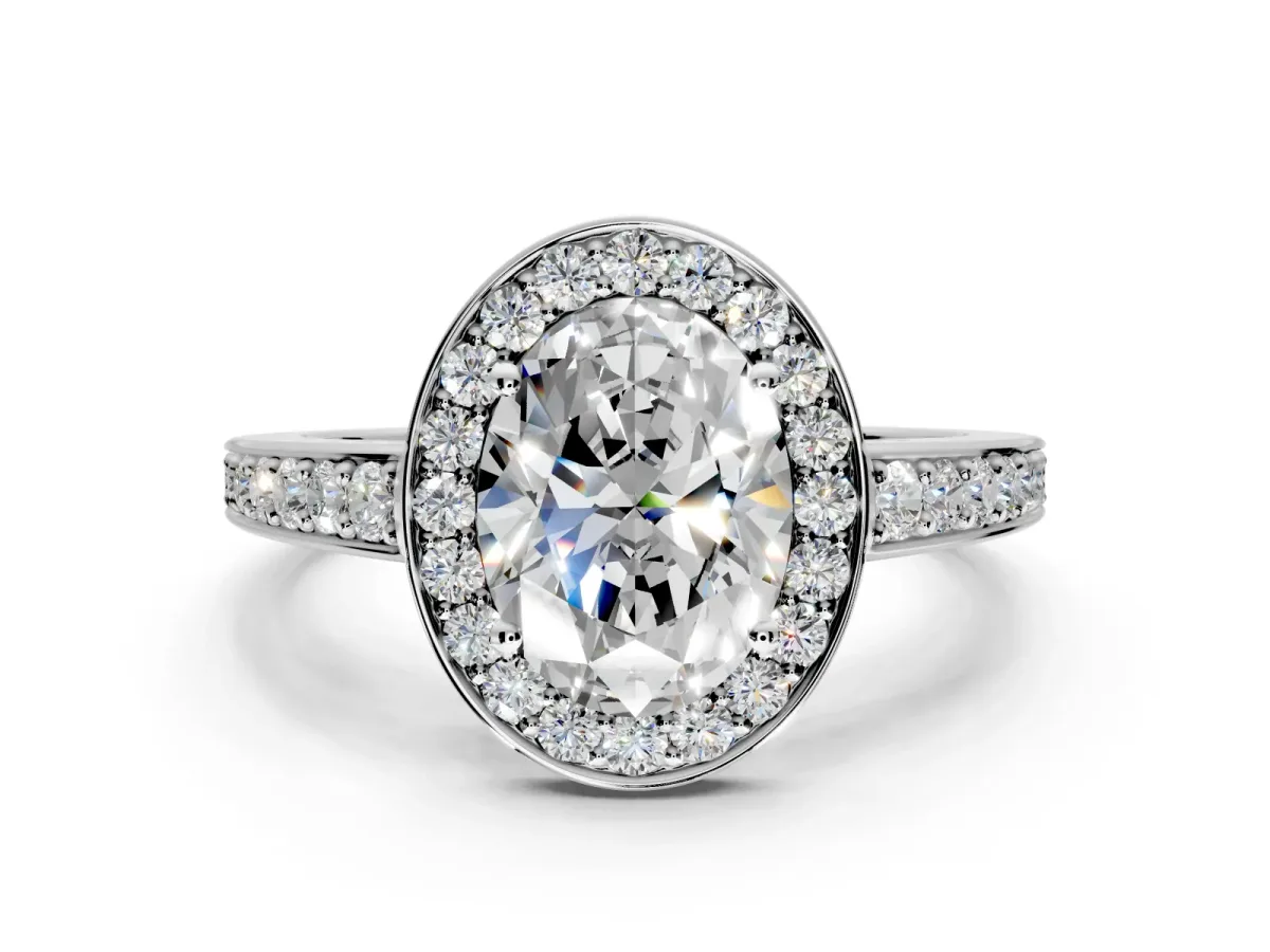 Bezel-Framed Halo Engagement Ring Setting for Oval Center with Pave Band and Prong Head in Sterling Silver