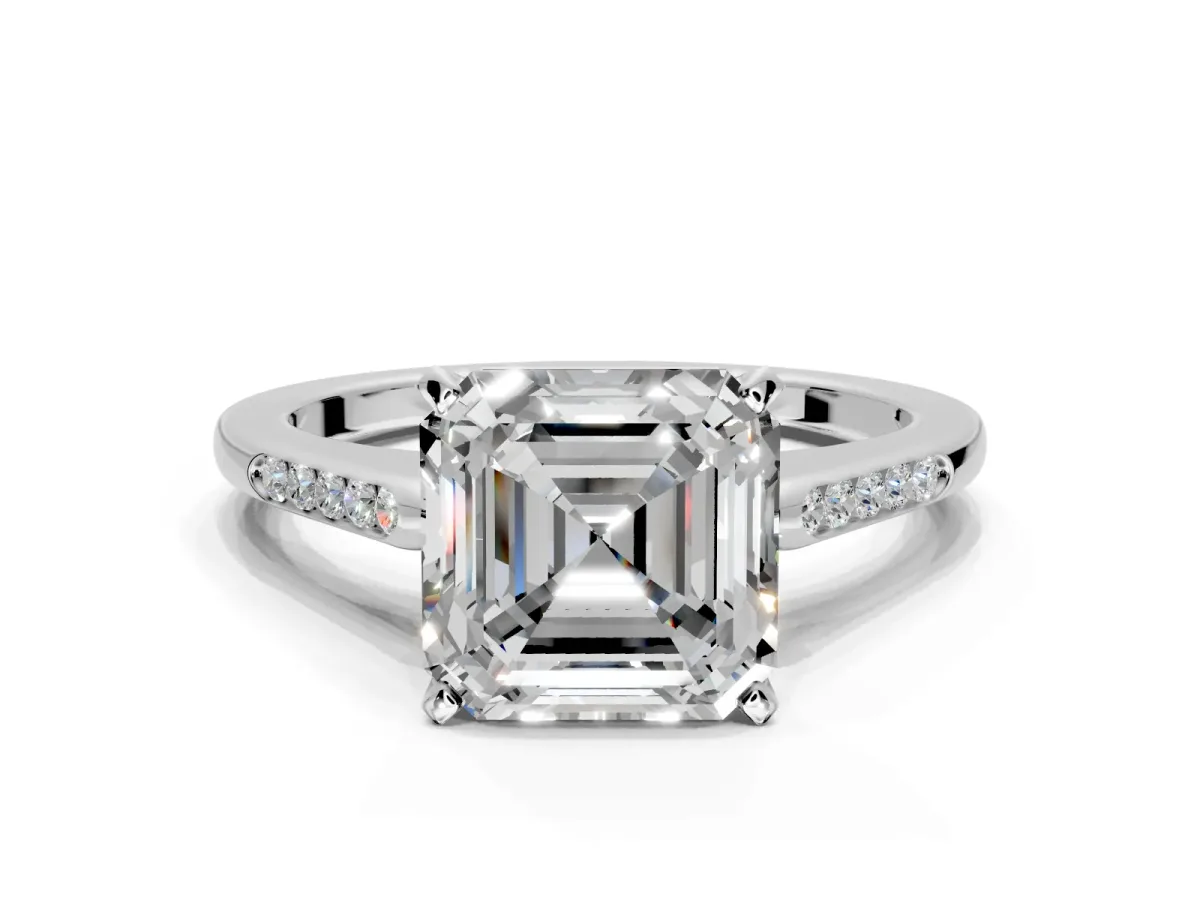 Solitaire Engagement Ring Setting for Asscher Cut Center with Channel Accents and Prong Head in Platinum