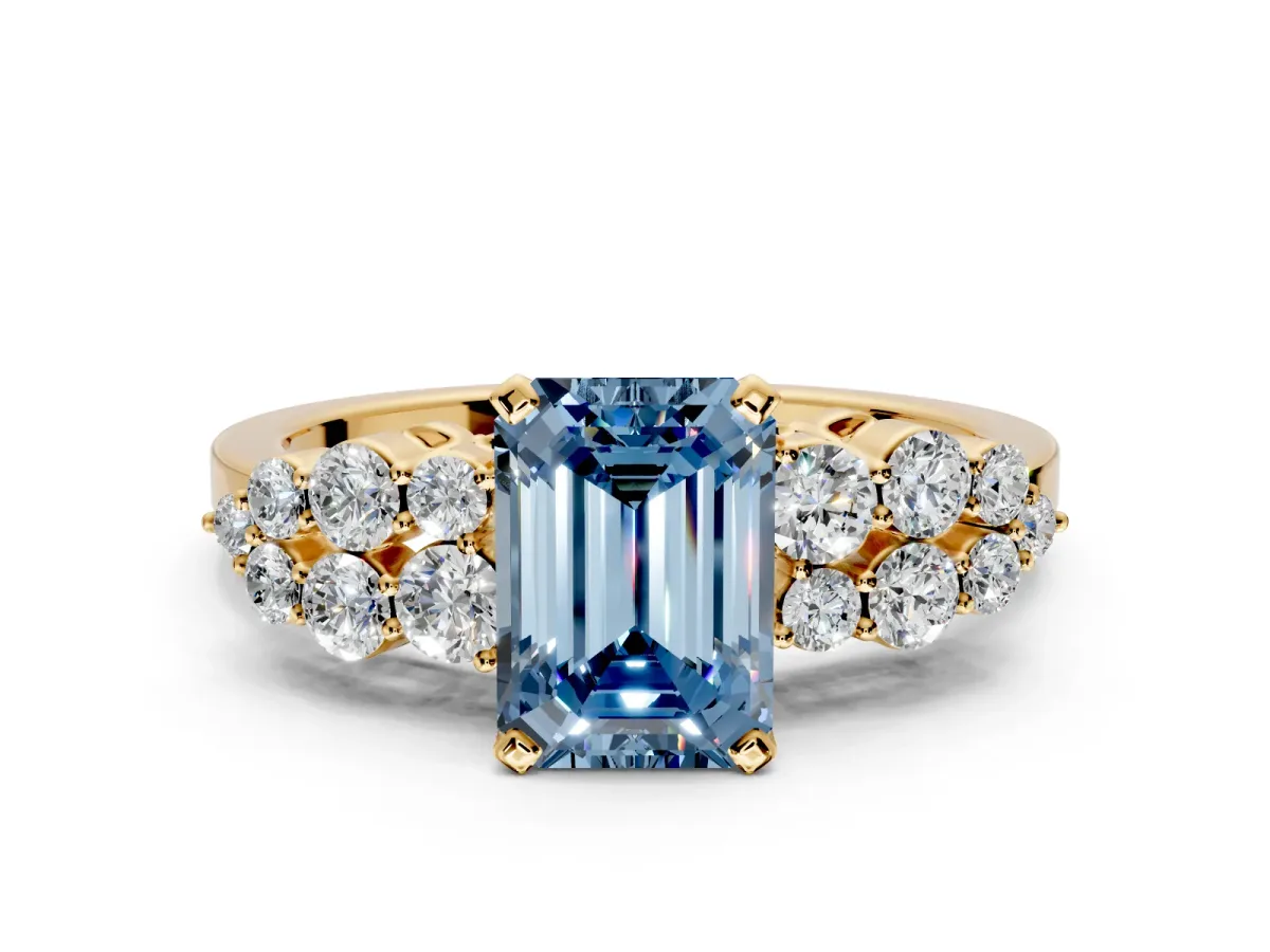 Cluster Engagement Ring Setting for Fancy Blue Emerald Cut Center with 2-Row Shoulder Clusters and Prong Head in Yellow Gold