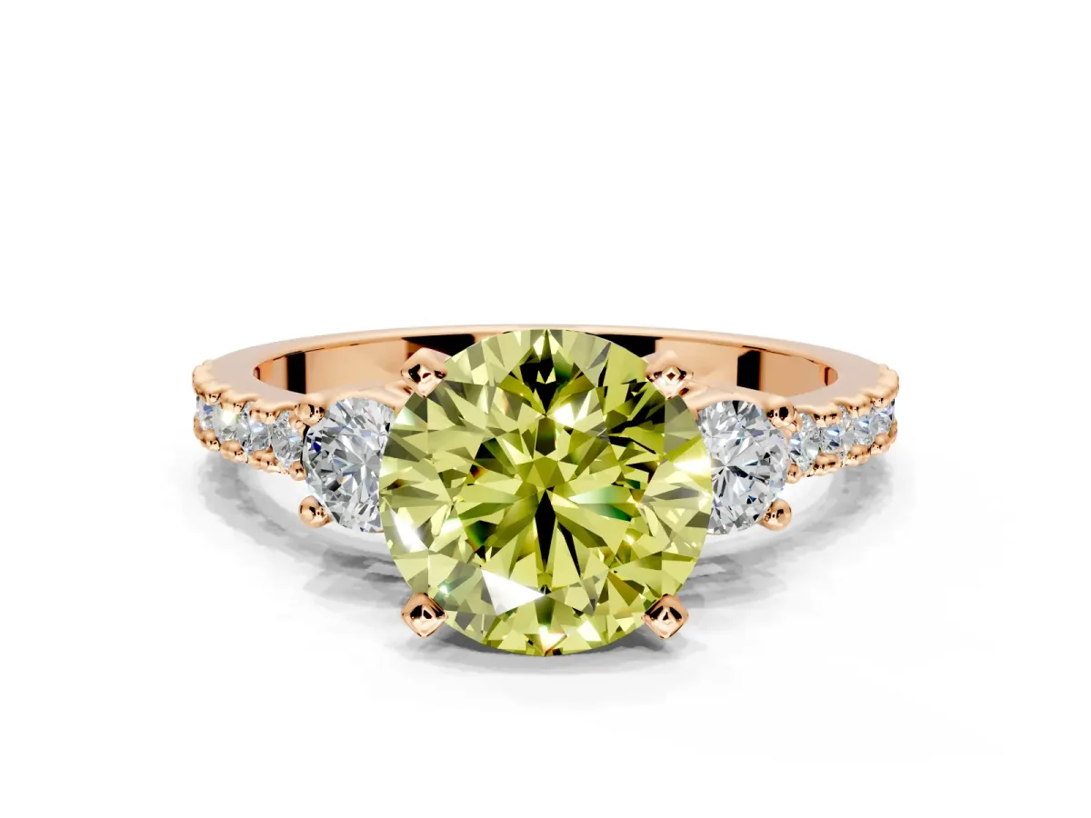 3 Stone Engagement Ring Setting for Fancy Yellow Round Cut Center with Round Cut Side Accents and Prong Head in Rose Gold