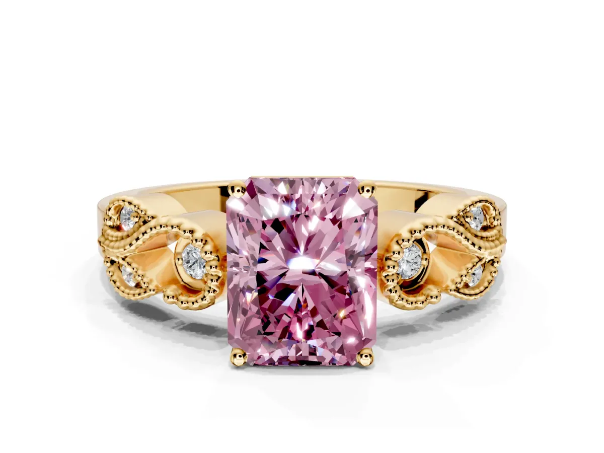 Leaf Engagement Ring Setting for Fancy Pink Radiant Cut Center with Milgrain Accent Band and Prong Head in Yellow Gold