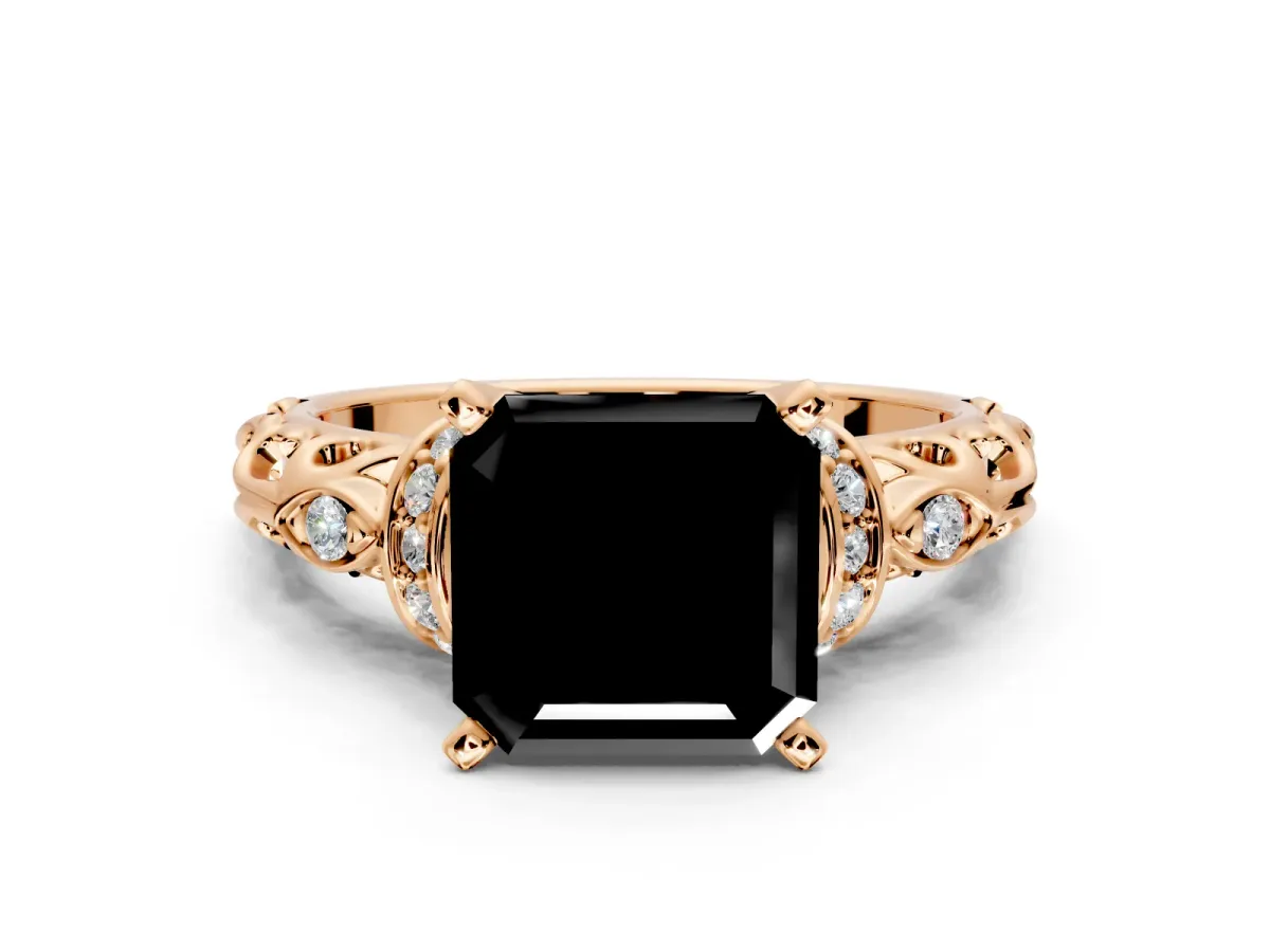 Solitaire Engagement Ring Setting for Fancy Black Asscher Cut Center with Filigree Band and Prong Head in Rose Gold