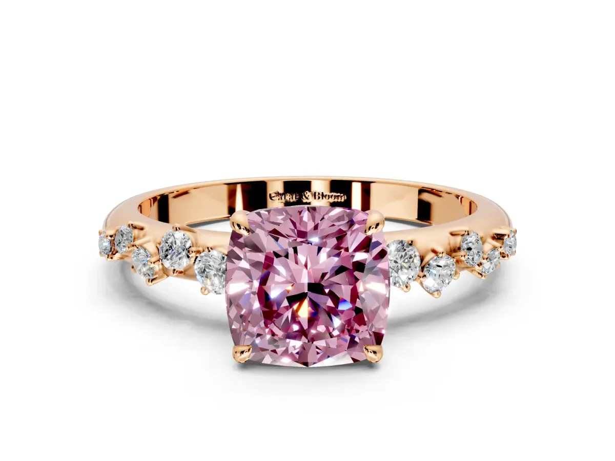 Cluster Engagement Ring Setting for Fancy Pink Cushion Cut Center with Round Cut Accent Band and Prong Head in Rose Gold