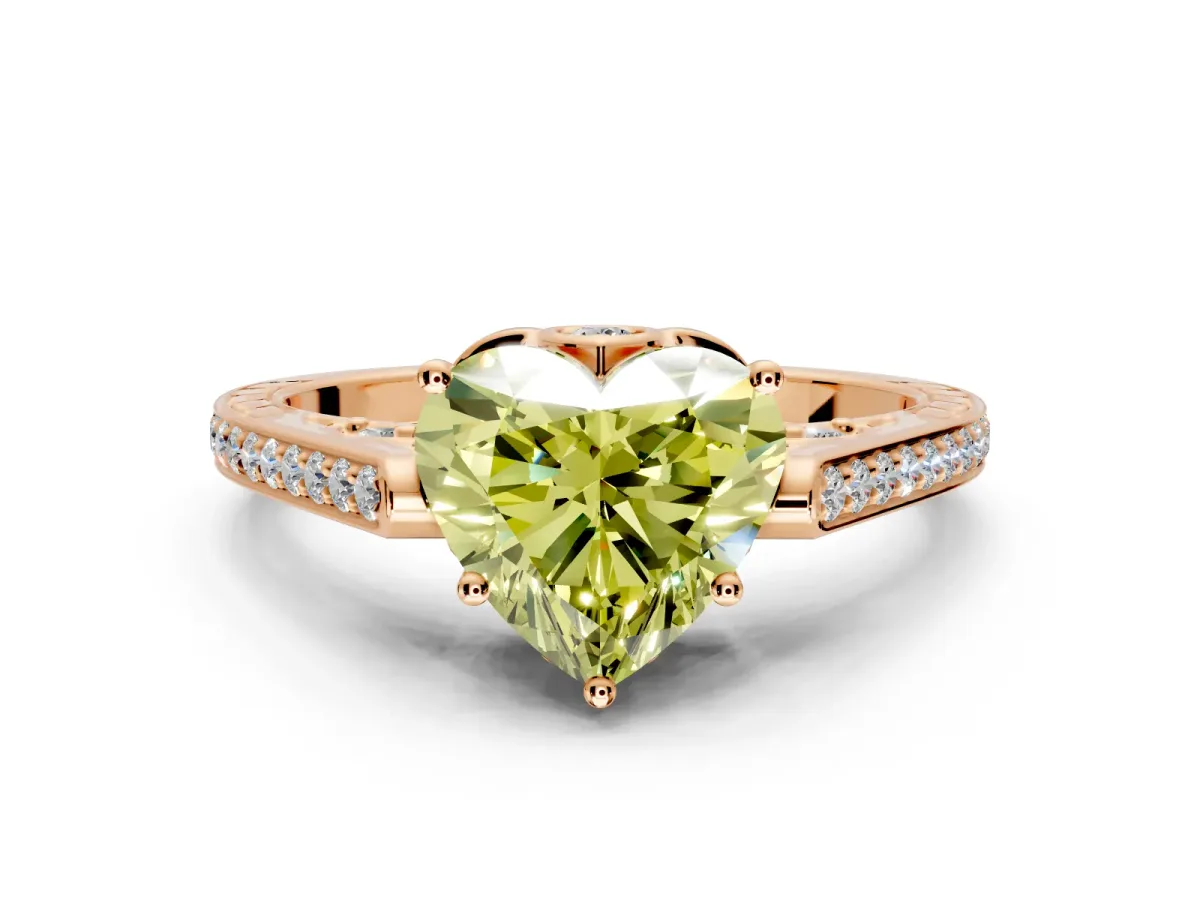 Cathedral Engagement Ring Setting for Fancy Yellow Heart-Shaped Center with Antique-Style Pave Band and Prong Head in Rose Gold