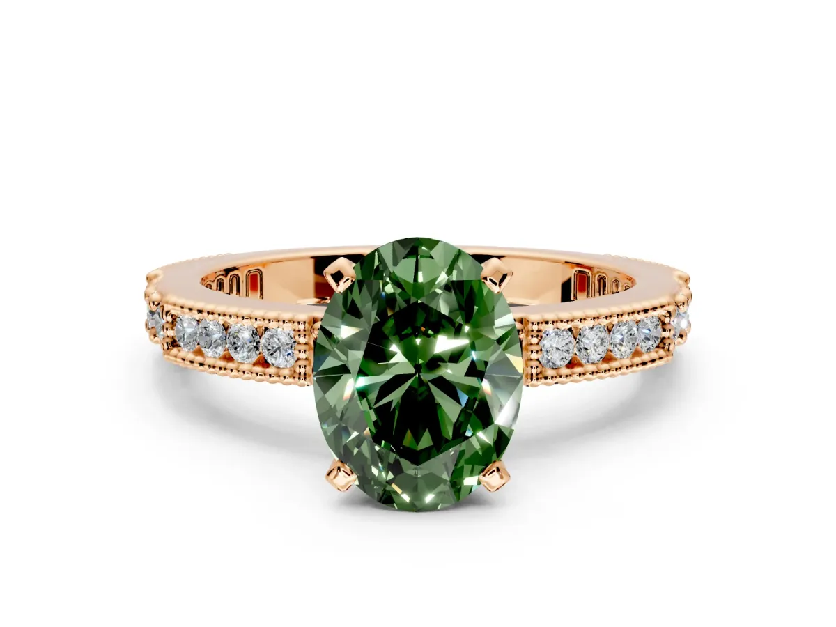 Solitaire Engagement Ring Setting for Fancy Green Oval Center with Milgrain-Edged Pave Band and Prong Head in Rose Gold
