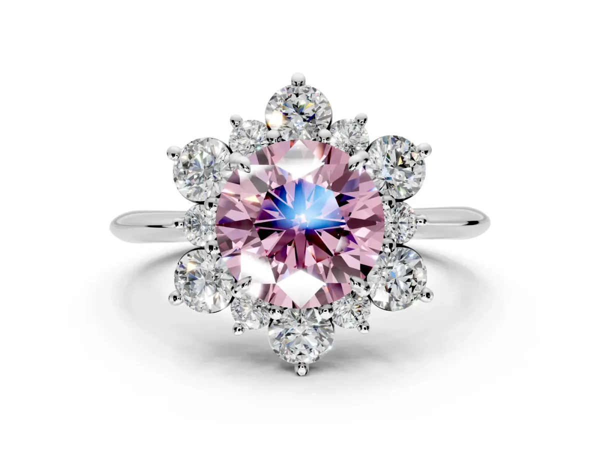 Small-Accent Cluster Halo Engagement Ring Setting for Fancy Pink Round Cut Center with Plain Band and Prong Head in Sterling Silver