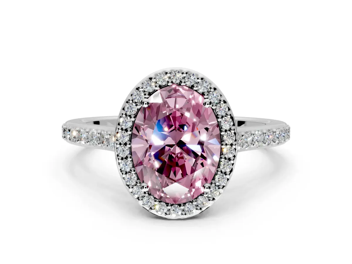 Halo Engagement Ring Setting for Fancy Pink Oval Center with Pave Accents, Heart Basket and Prong Head in Platinum