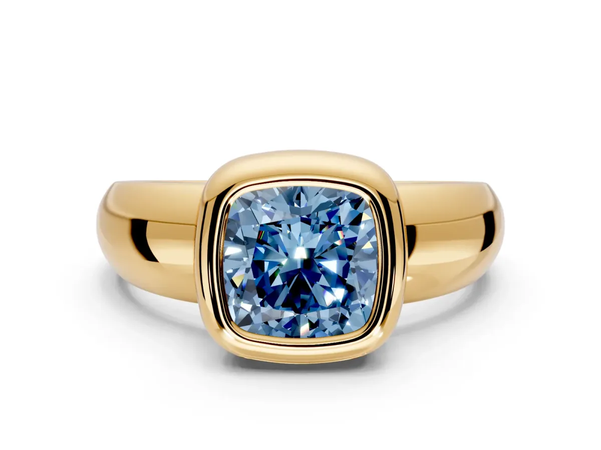 Solitaire Engagement Ring Setting for Fancy Blue Cushion Cut Center with Wide Band and Bezel Head in Yellow Gold