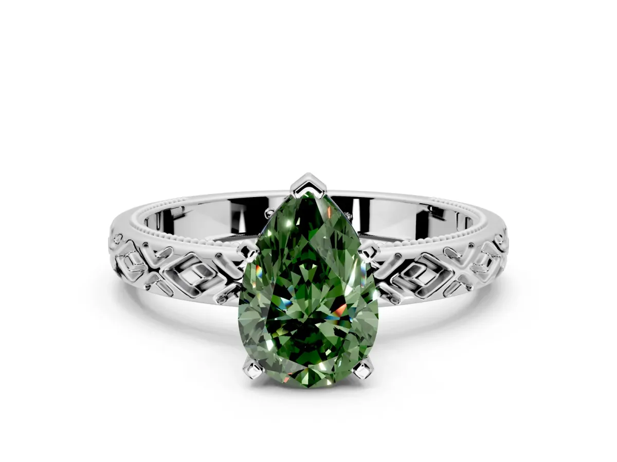 Solitaire Engagement Ring Setting for Fancy Green Pear-Shaped Center with Milgrain X Pattern Band and Prong Head in Sterling Silver