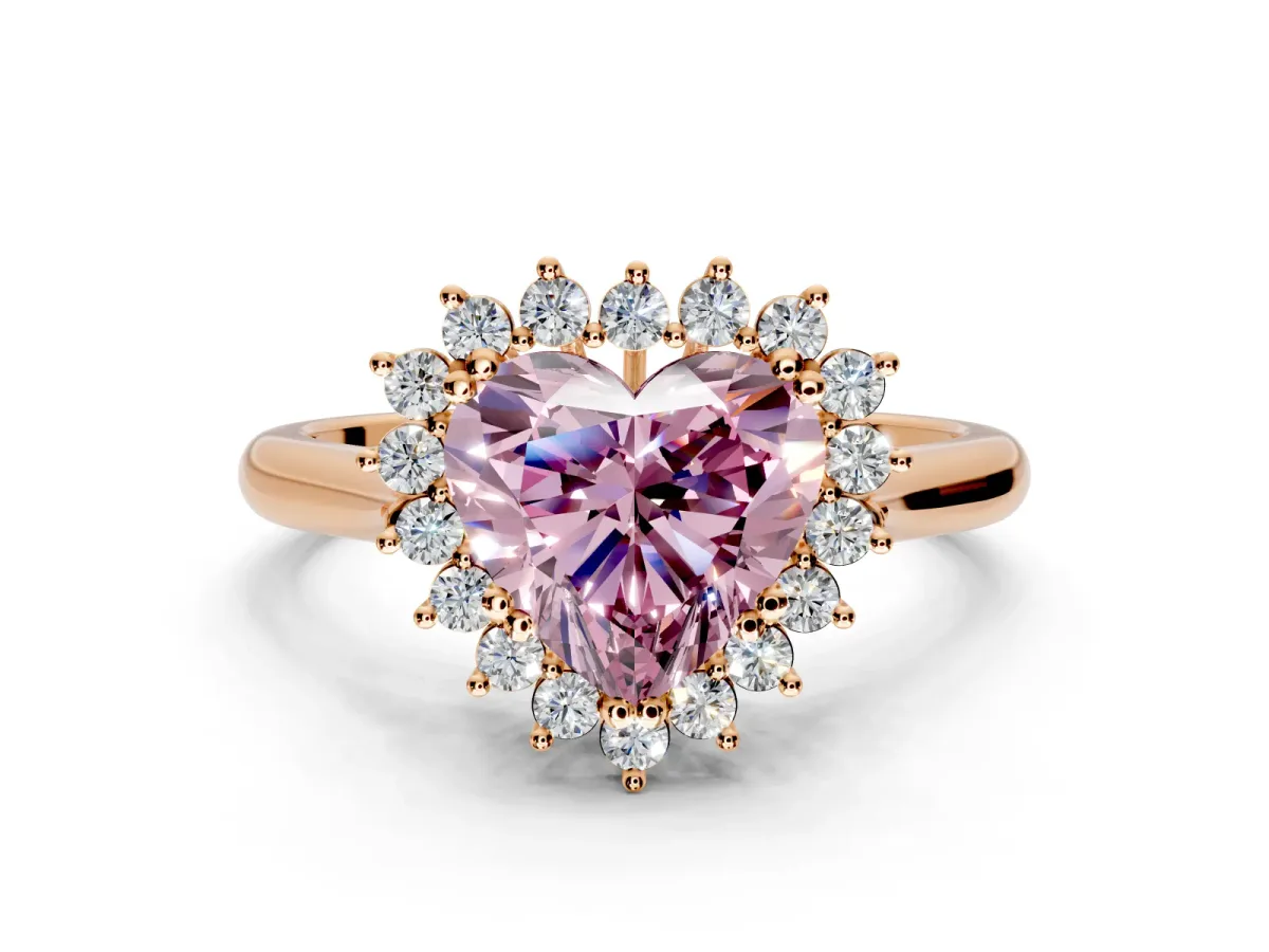 Starburst Halo Engagement Ring Setting for Fancy Pink Heart-Shaped Center with Thin Round-Wire Band and Prong Head in Rose Gold