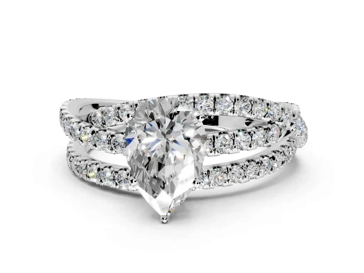 Solitaire Engagement Ring Setting for Pear-Shaped Center with Woven 3-Strand Pave Band and Prong Head in White Gold