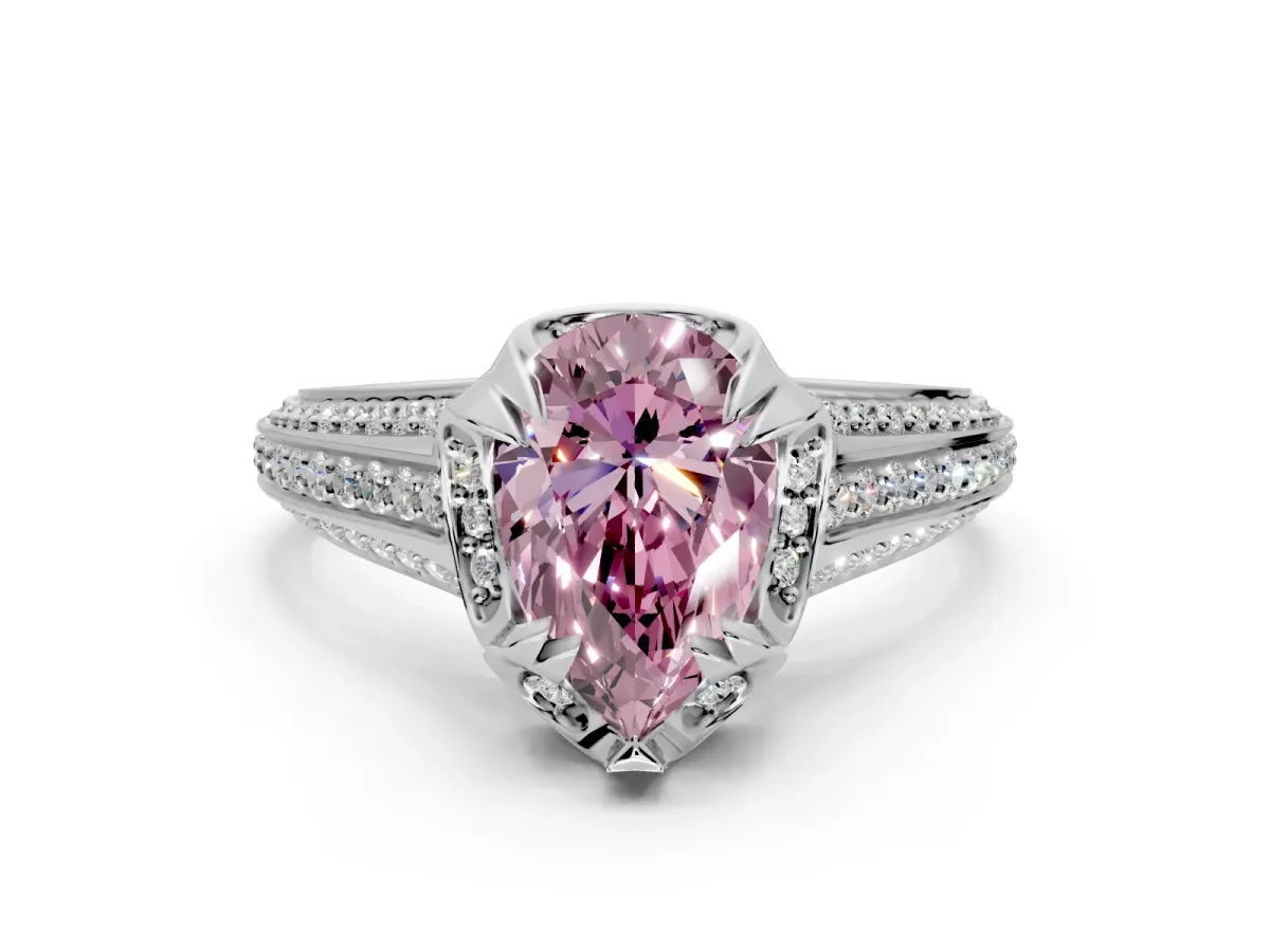 Solitaire Engagement Ring Setting for Fancy Pink Pear-Shaped Center with Accented Split Shank and Prong Head in White Gold