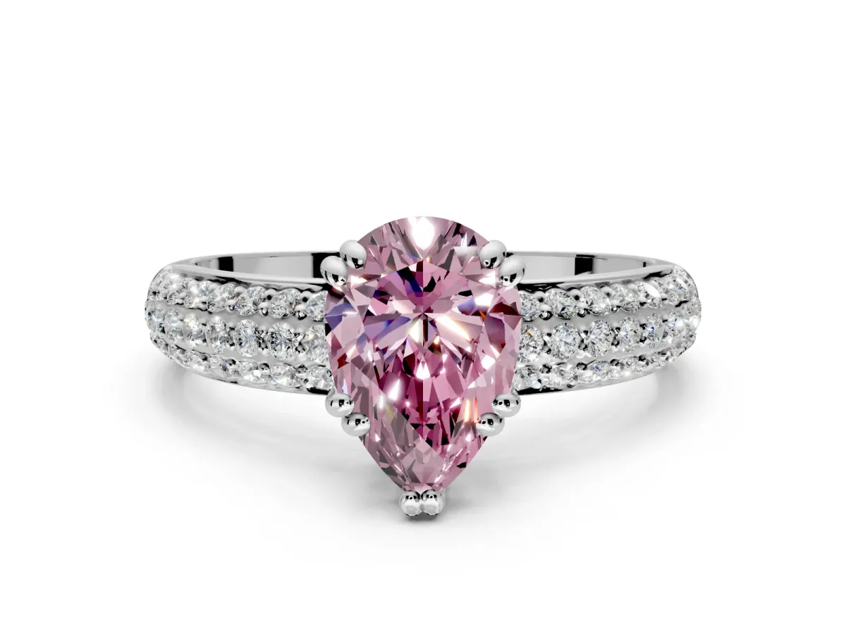 Solitaire Engagement Ring Setting for Fancy Pink Pear-Shaped Center with Multi-Row Pave Accents and Basket Head in Platinum