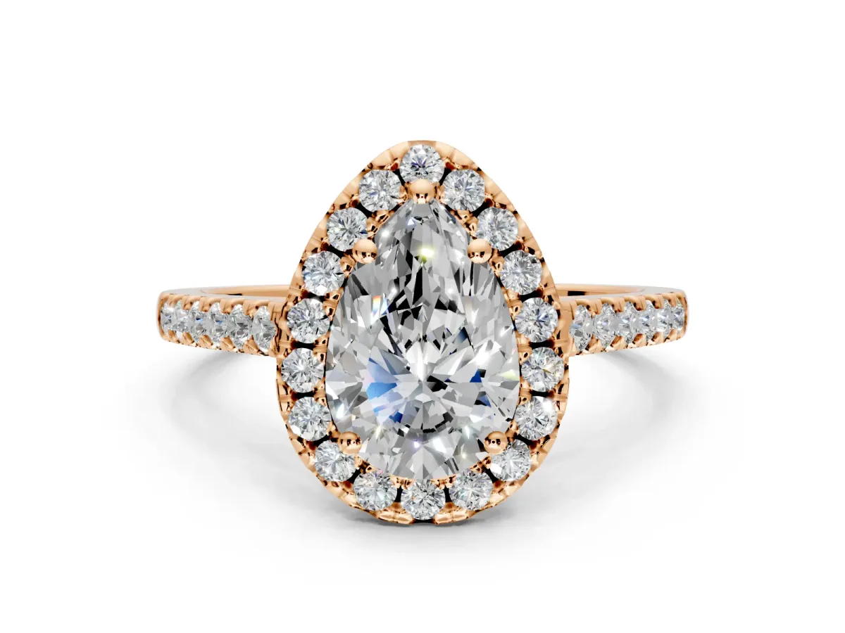 Halo Engagement Ring Setting for Pear-Shaped Center with Raised Halo, Pave Band and Prong Head in Rose Gold