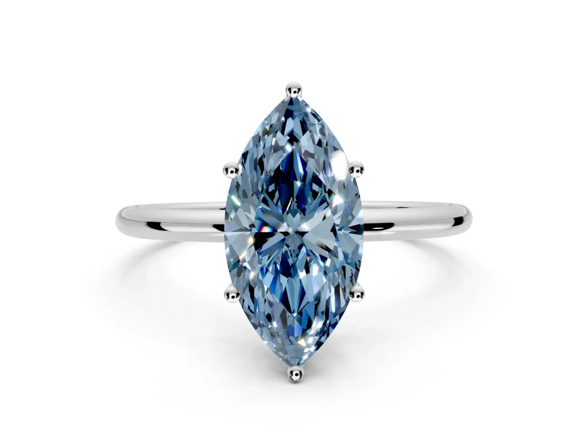 Solitaire Engagement Ring Setting for Fancy Blue Marquise Center with Straight Thin Band and Prong Head in Sterling Silver