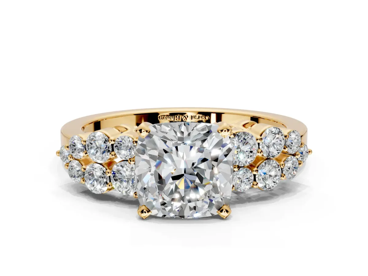 Cluster Engagement Ring Setting for Cushion Cut Center with 2-Row Shoulder Clusters and Prong Head in Yellow Gold