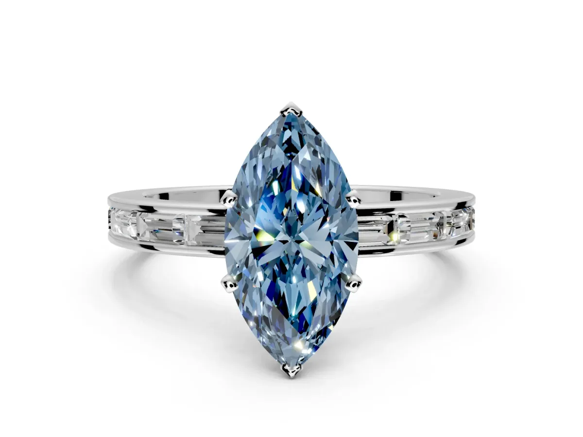 Solitaire Engagement Ring Setting for Fancy Blue Marquise Center with Channel Baguette Band and Prong Head in Platinum
