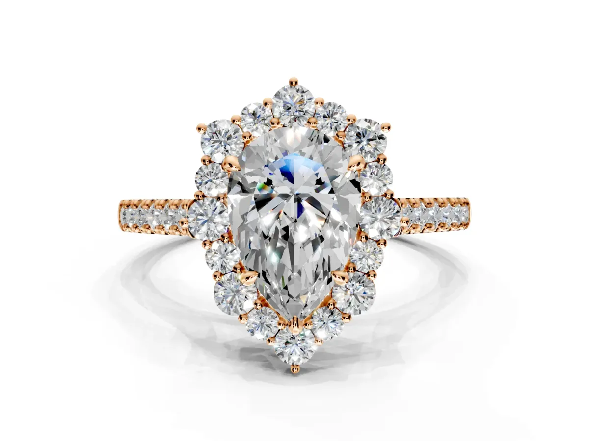 Halo Engagement Ring Setting for Pear-Shaped Center with Single-Row Pave, Open Basket and Prong Head in Rose Gold