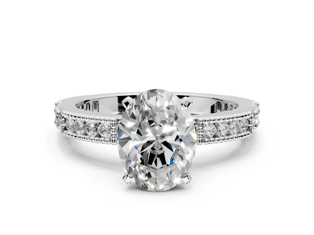 Solitaire Engagement Ring Setting for Oval Center with Milgrain-Edged Pave Band and Prong Head in Sterling Silver