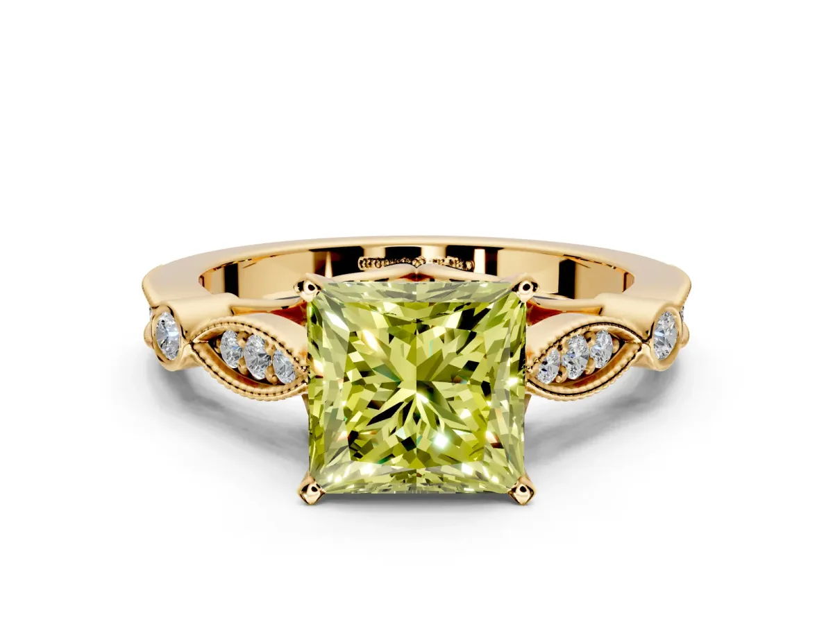 Solitaire Engagement Ring Setting for Fancy Yellow Princess Cut Center with Marquise and Bezel Accents and Prong Head in Yellow Gold