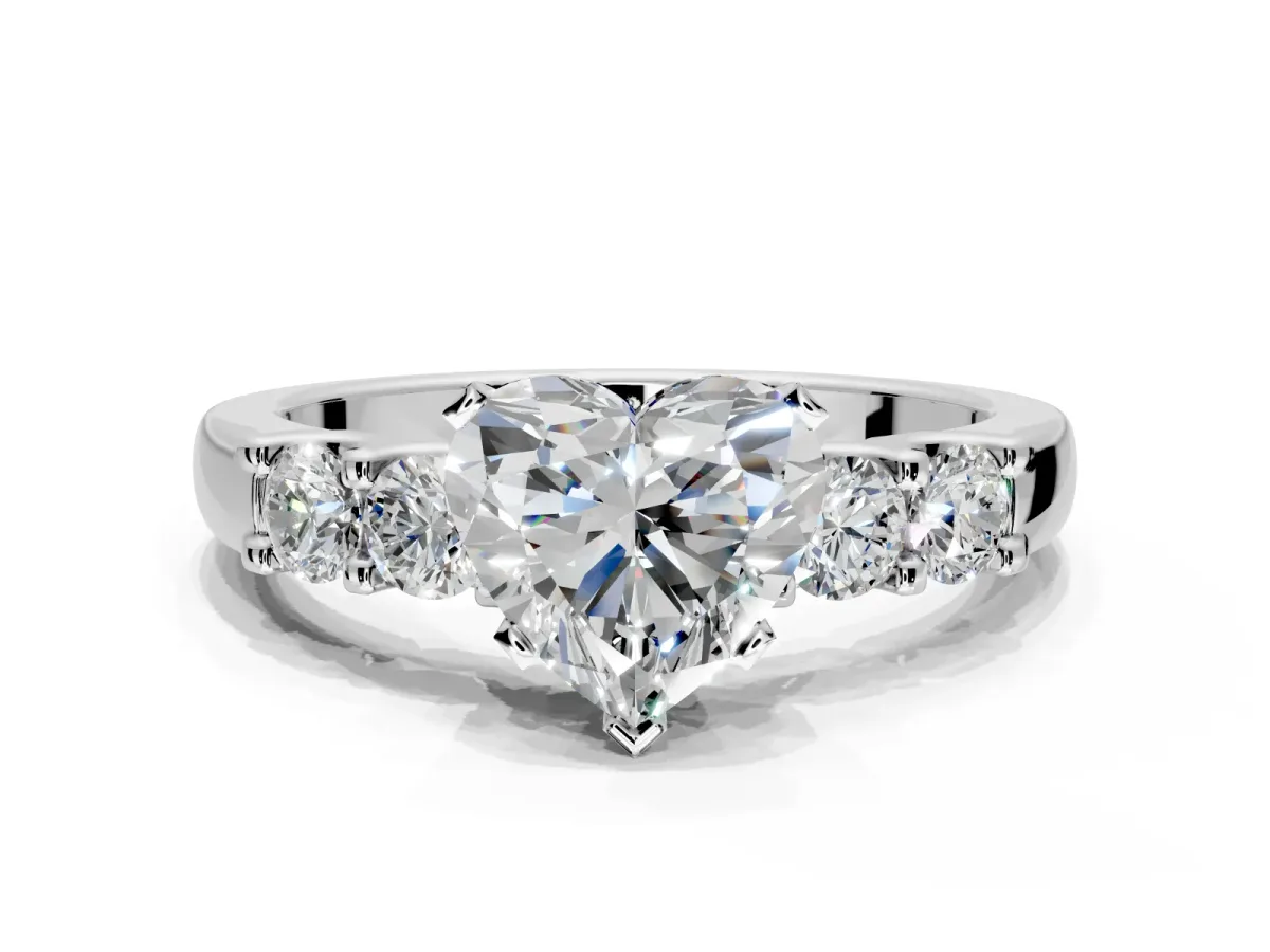 5 Stone Engagement Ring Setting for Heart-Shaped Center with Plain Band and Prong Head in Sterling Silver