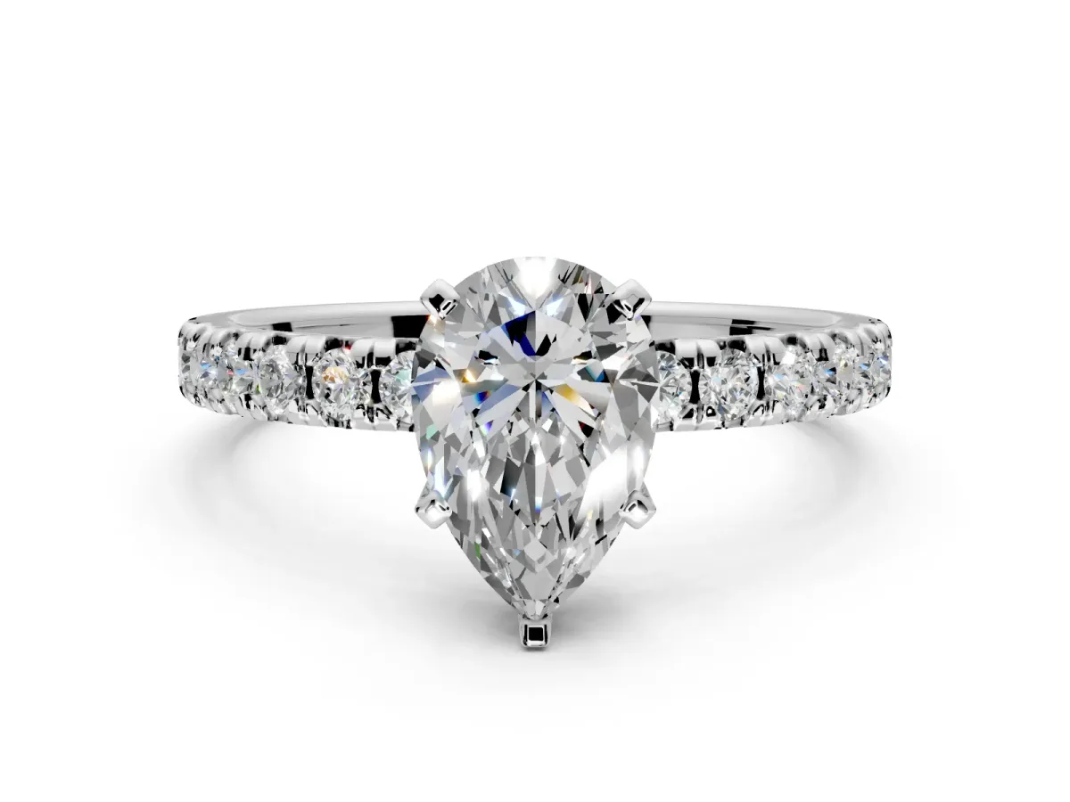 Solitaire Engagement Ring Setting for Pear-Shaped Center with Large Accents and Prong Head in Platinum