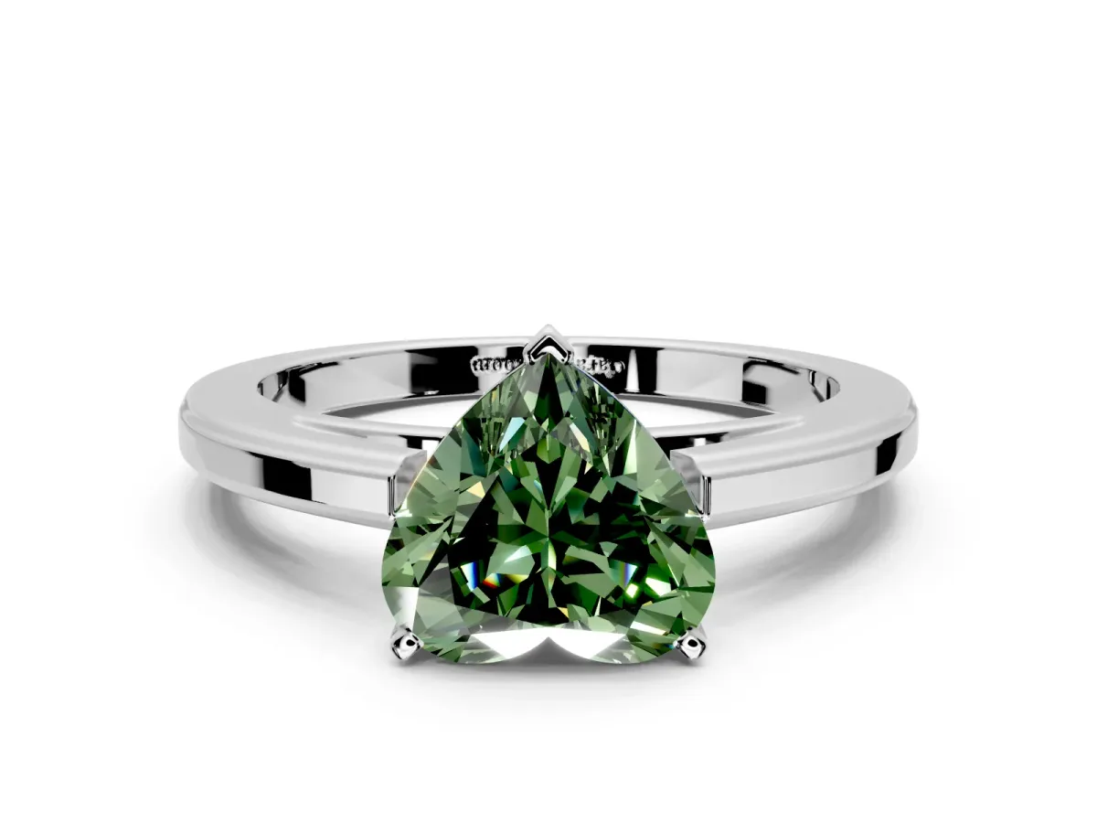 Solitaire Engagement Ring Setting for Fancy Green Heart-Shaped Center with Flat-Sided Plain Band and Prong Head in Sterling Silver