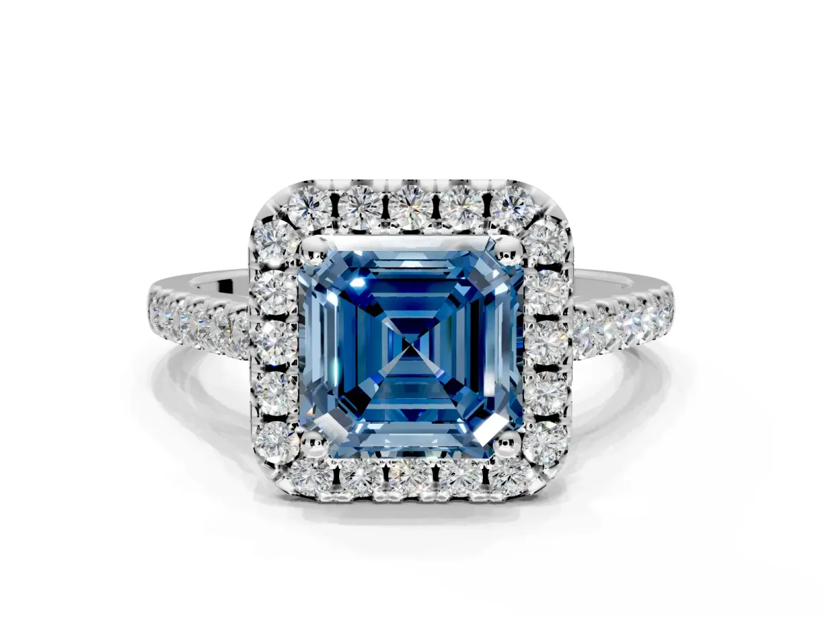 Halo Engagement Ring Setting for Fancy Blue Asscher Cut Center with Raised Halo, Pave Band and Prong Head in Platinum
