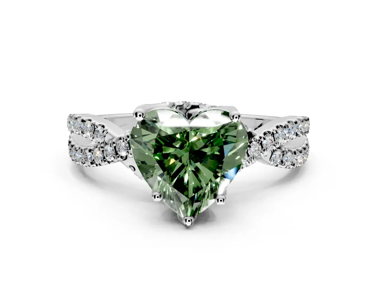 Solitaire Engagement Ring Setting for Fancy Green Heart-Shaped Center with Narrow Twist Pave Band and Prong Head in Platinum