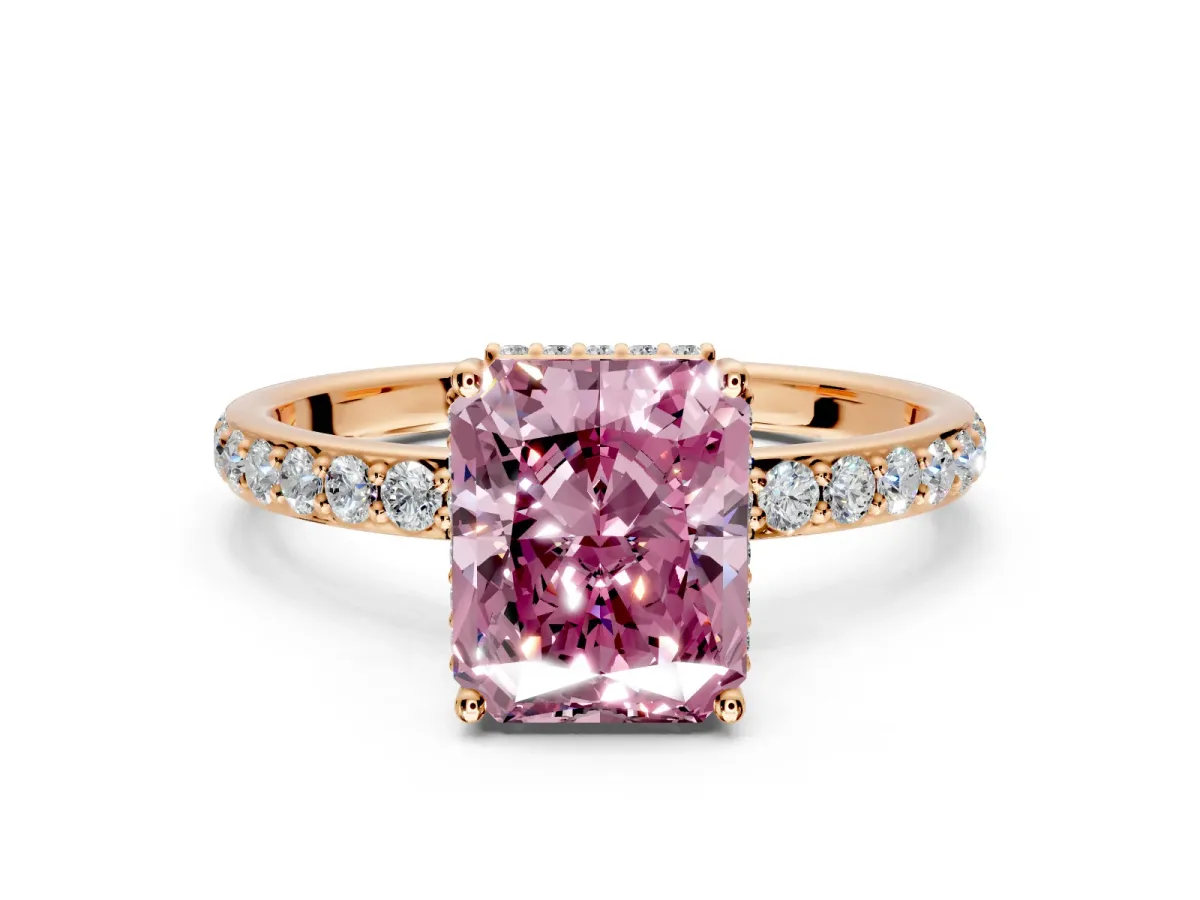Hidden Halo Engagement Ring Setting for Fancy Pink Radiant Cut Center with Pave Band and Prong Head in Rose Gold