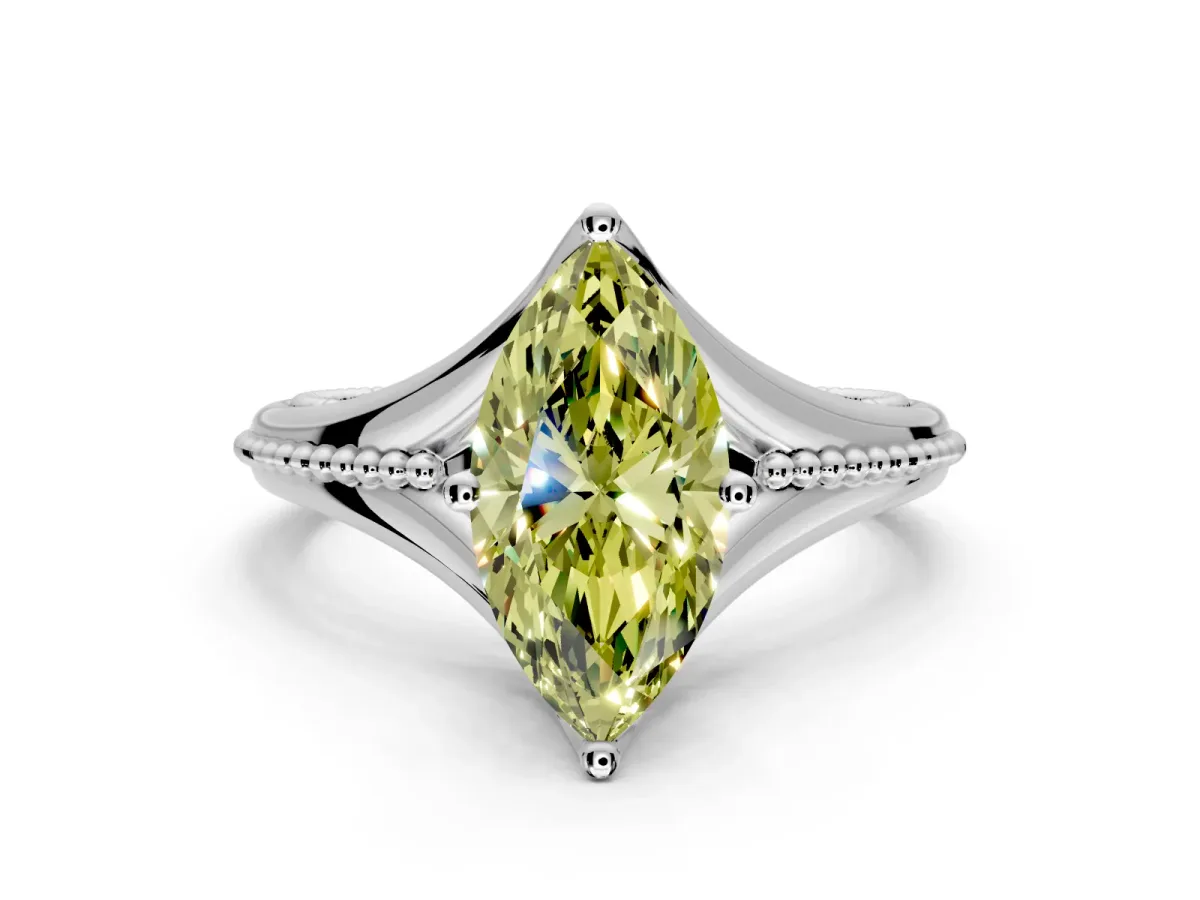 Solitaire Engagement Ring Setting for Fancy Yellow Marquise Center with Milgrain Cathedral Band and Prong Head in Sterling Silver