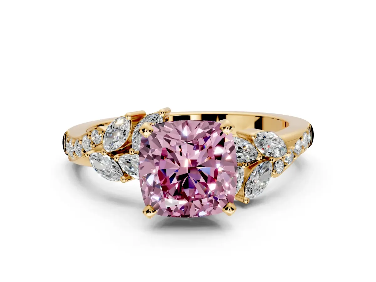 Solitaire Engagement Ring Setting for Fancy Pink Cushion Cut Center with Marquise Accent Twist Band and Prong Head in Yellow Gold
