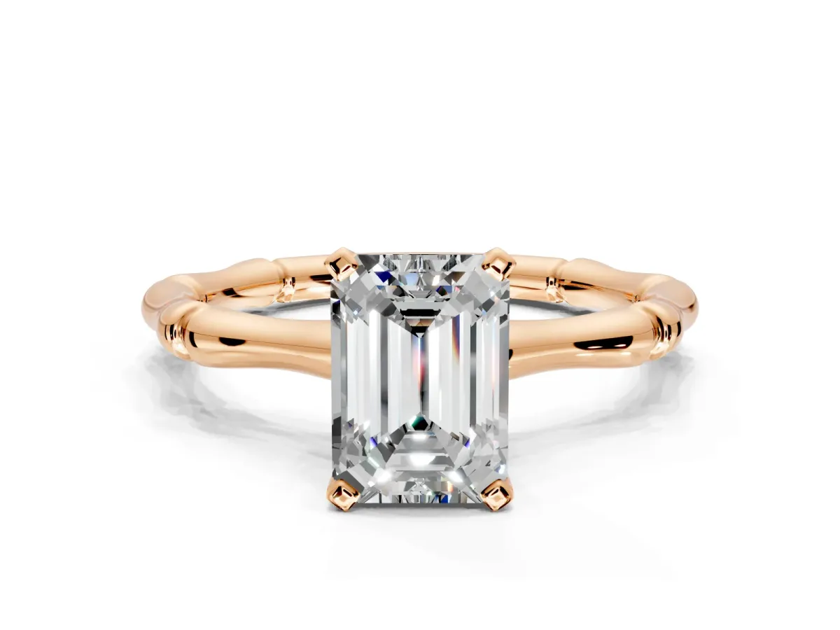 Solitaire Engagement Ring Setting for Emerald Cut Center with Bamboo Band and Prong Head in Rose Gold