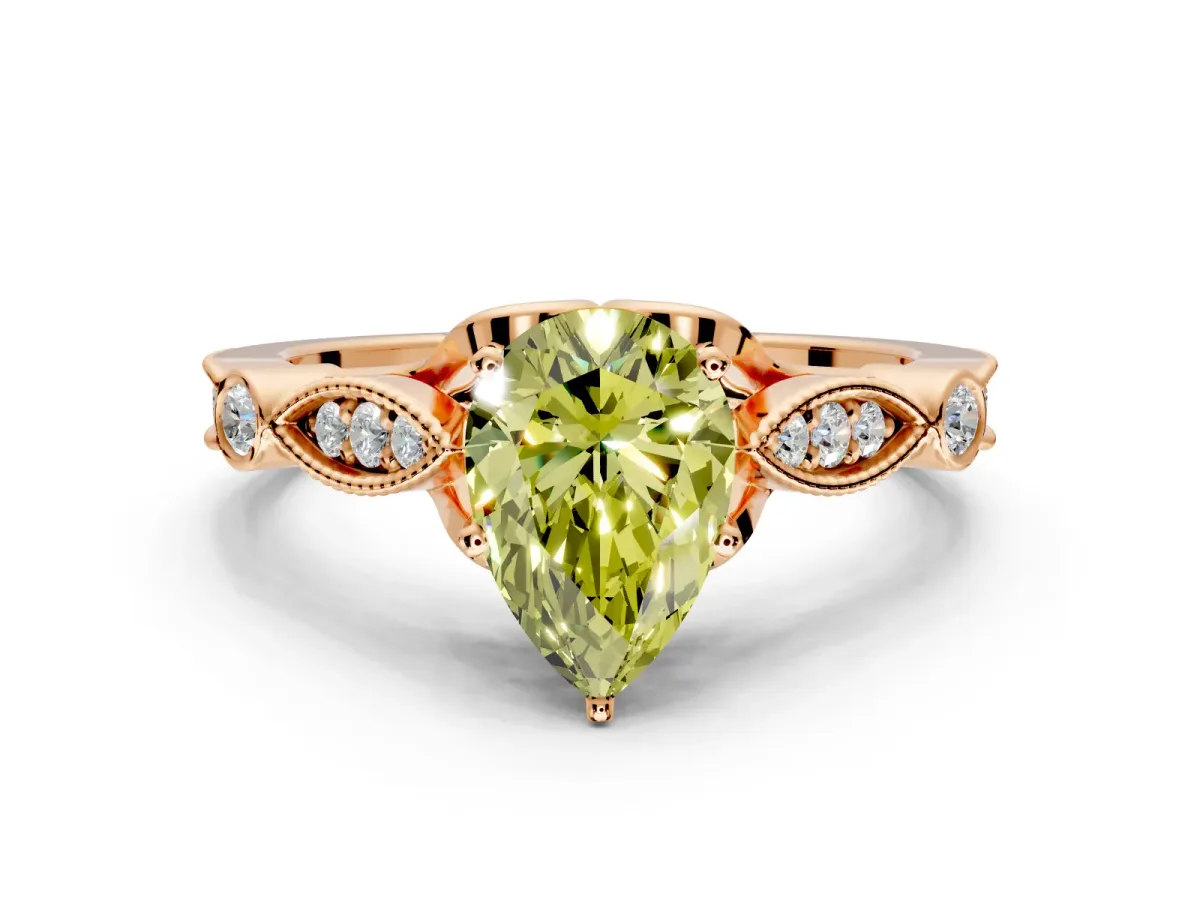 Solitaire Engagement Ring Setting for Fancy Yellow Pear-Shaped Center with Marquise and Bezel Accents and Prong Head in Rose Gold