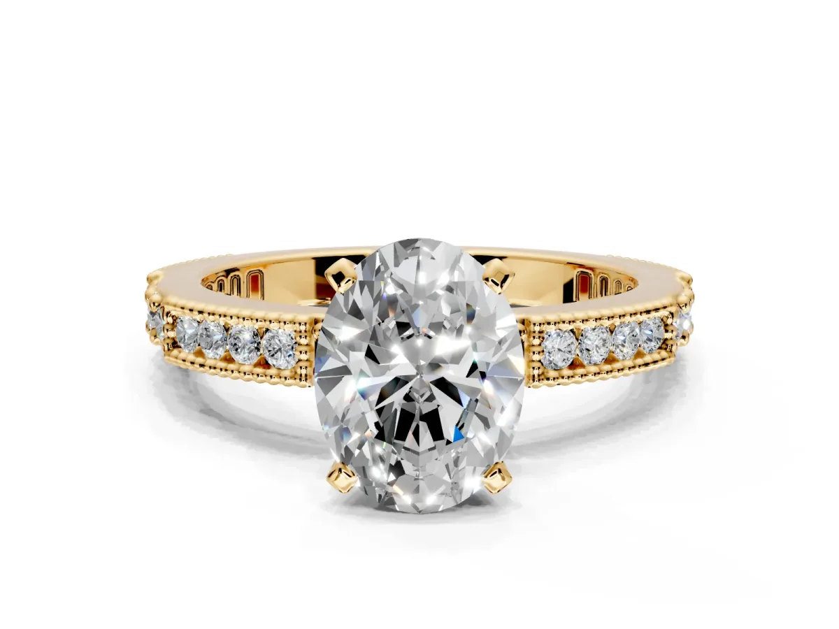 Solitaire Engagement Ring Setting for Oval Center with Milgrain-Edged Pave Band and Prong Head in Yellow Gold