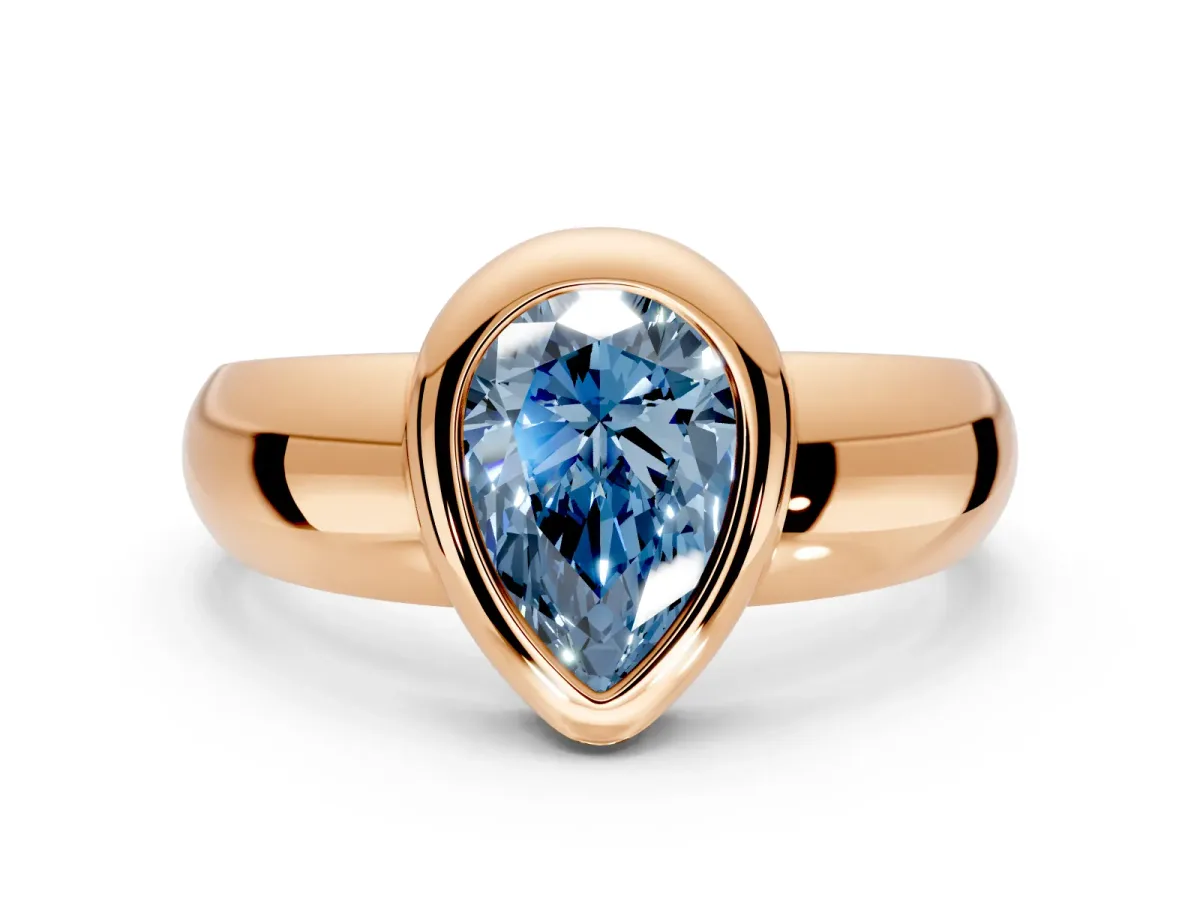 Solitaire Engagement Ring Setting for Fancy Blue Pear-Shaped Center with Wide Band and Bezel Head in Rose Gold