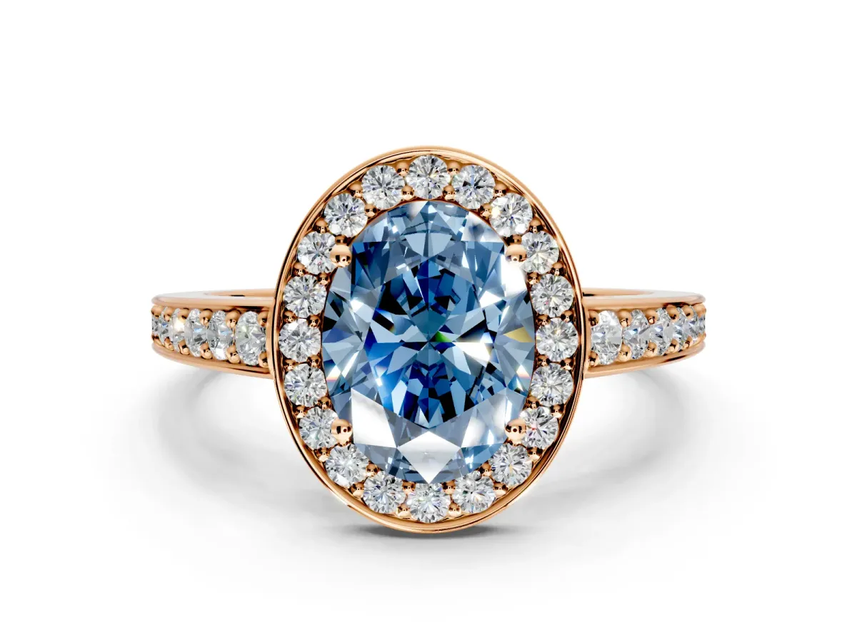 Bezel-Framed Halo Engagement Ring Setting for Fancy Blue Oval Center with Pave Band and Prong Head in Rose Gold