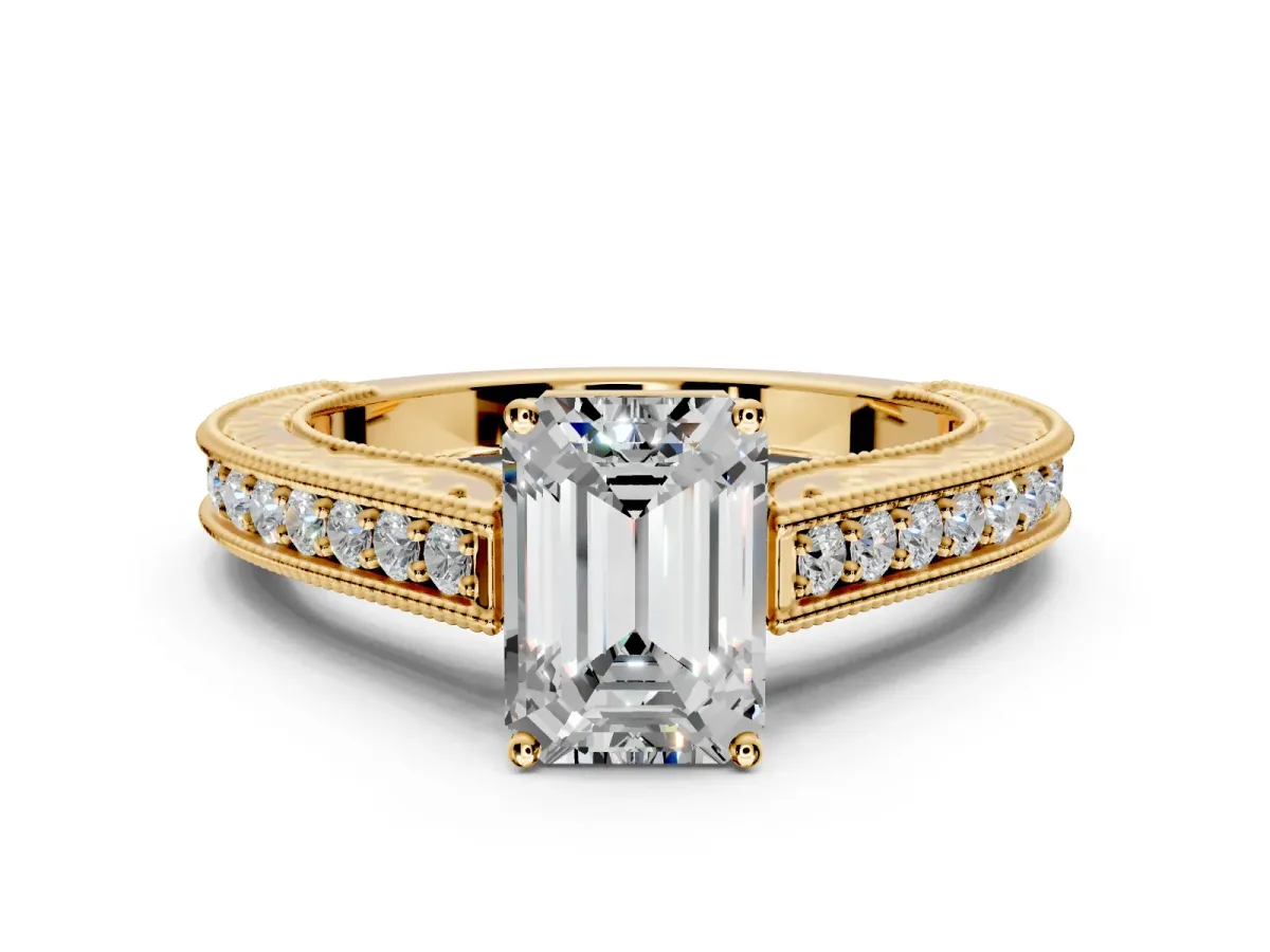 Solitaire Engagement Ring Setting for Emerald Cut Center with Engraved Pave Band and Prong Head in Yellow Gold