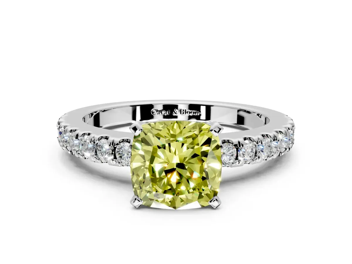 Solitaire Engagement Ring Setting for Fancy Yellow Cushion Cut Center with Single Row Accent Band and Prong Head in Platinum