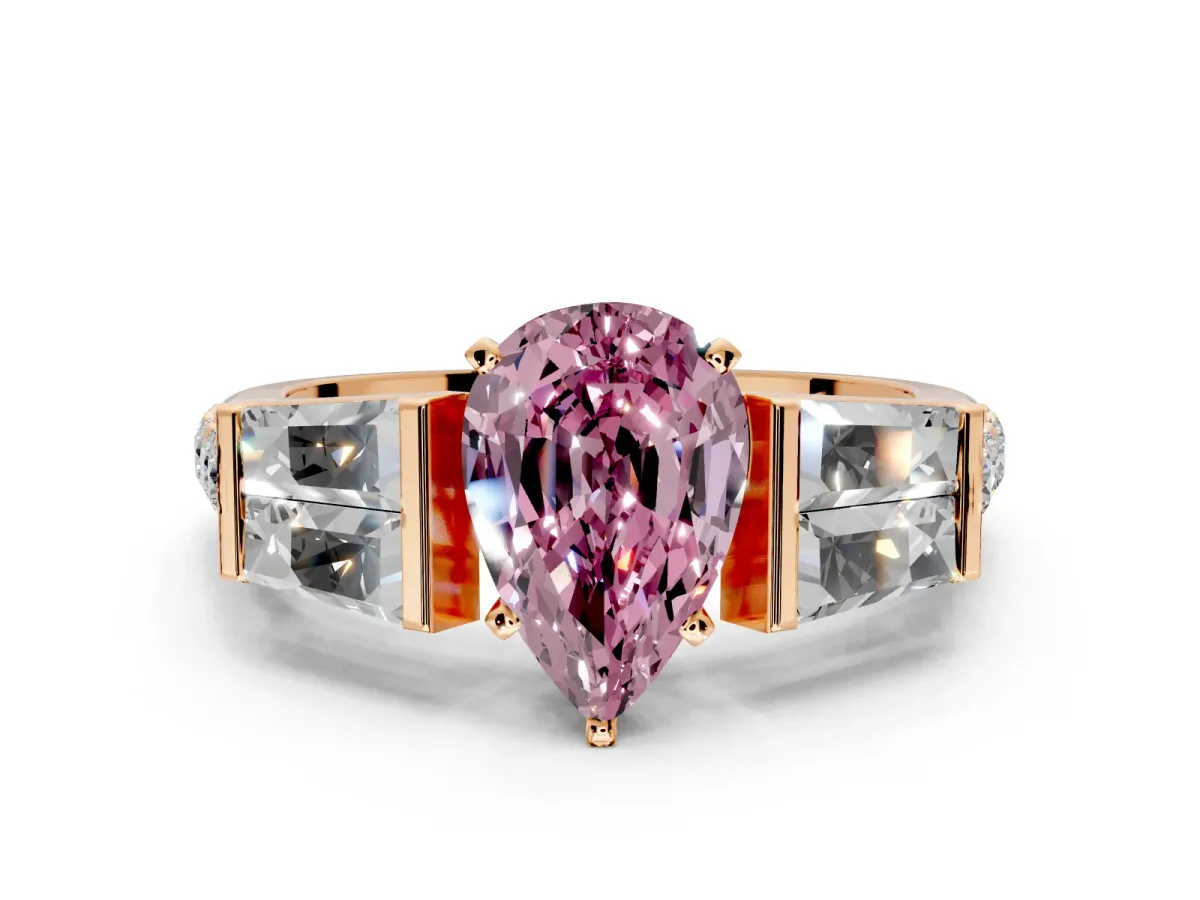 Channel-Set Engagement Ring Setting for Fancy Pink Pear-Shaped Center with Baguette Band and Prong Head in Rose Gold