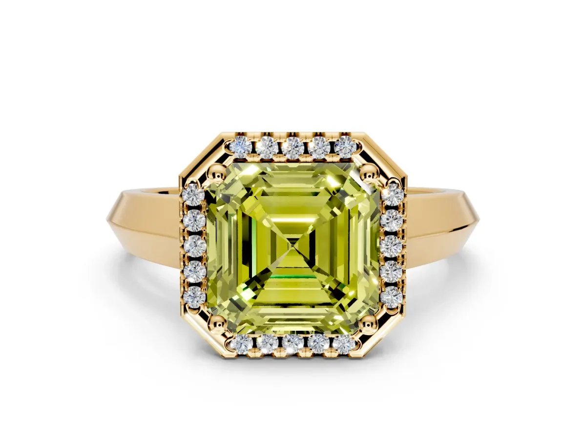 Halo Engagement Ring Setting for Fancy Yellow Asscher Cut Center with Knife Ridge Cathedral Band and Prong Head in Yellow Gold
