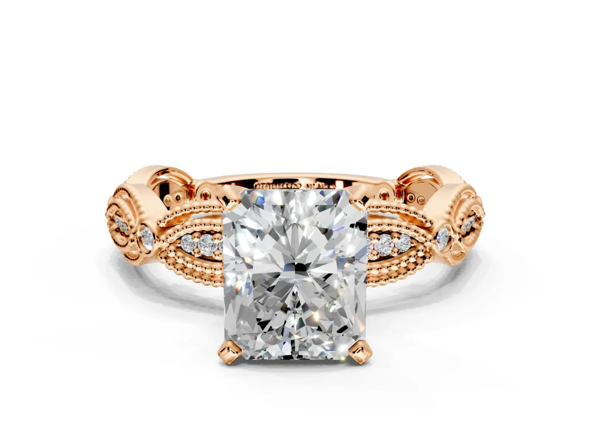 Solitaire Engagement Ring Setting for Radiant Cut Center with Marquise Panel Band and Prong Head in Rose Gold