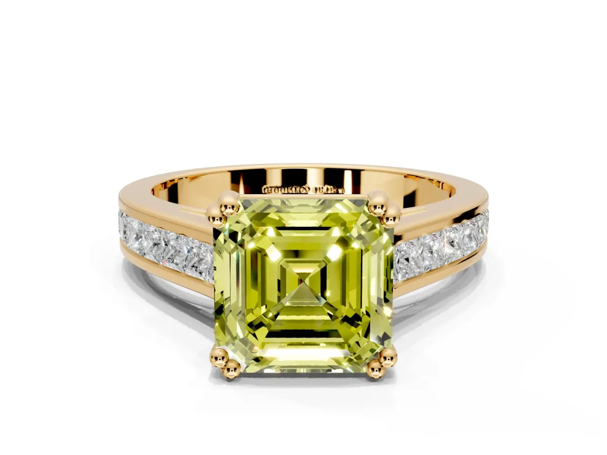 Solitaire Engagement Ring Setting for Fancy Yellow Asscher Cut Center with Channel Band and Double Claw Prong Head in Yellow Gold